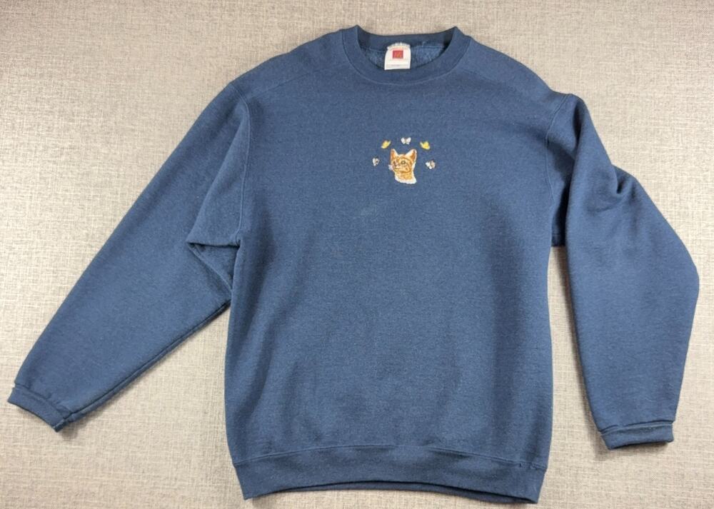 Members Mark Embroidered Cat Sweatshirt L Kitten Butterfly Vintage Grandma Core